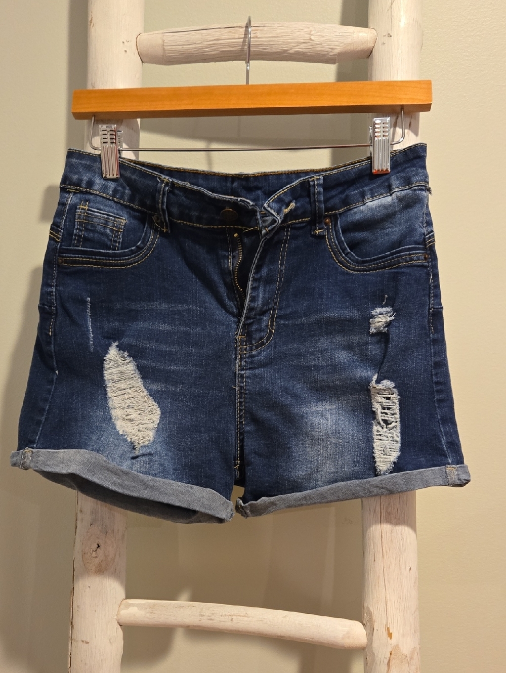High-Rise Distressed Dark Blue Denim Shorts Size Medium